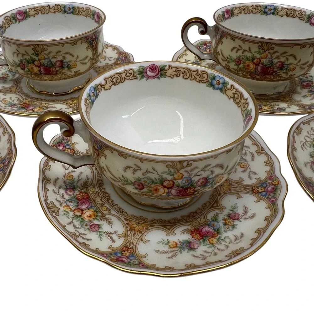 Paul Muller Selb Bavaria Meadowbrook Two Tea Cup Saucer Sets Floral Gold Trim